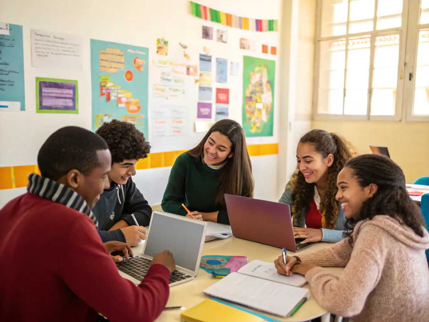A diverse group of students collaborating on a project in English, demonstrating teamwork and communication skills in a dynamic classroom setting.