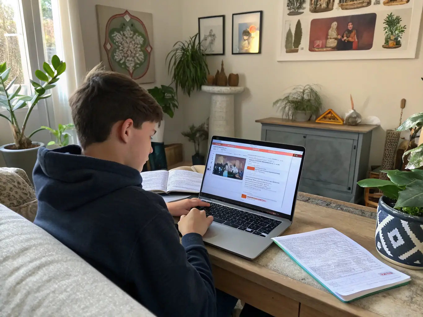 A student smiling and confidently participating in an online English class on their laptop, illustrating the convenience and effectiveness of Play and Learn's online learning platform.