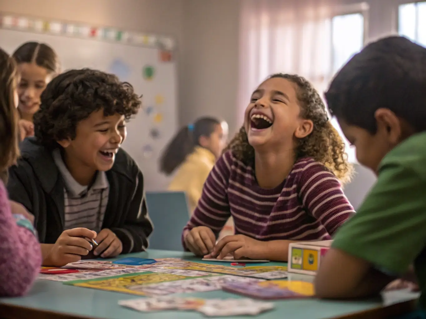A modern classroom with children participating in a fun and interactive English lesson, using games and activities to learn.