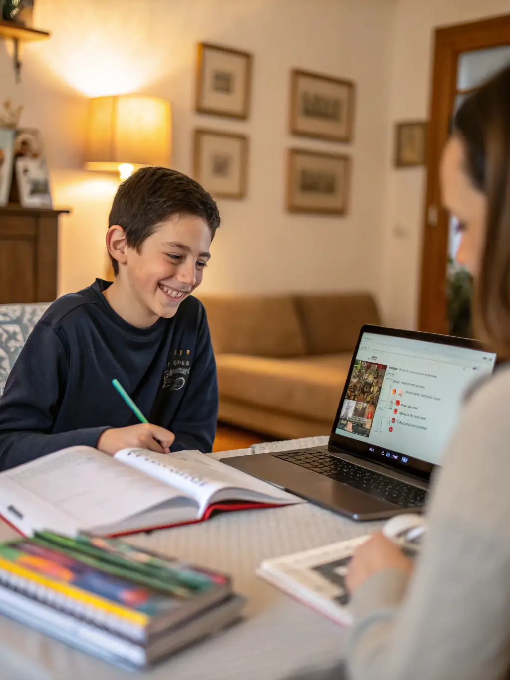 A student learning English online from home, interacting with a Play and Learn instructor via video call. The student is smiling and engaged in the lesson.