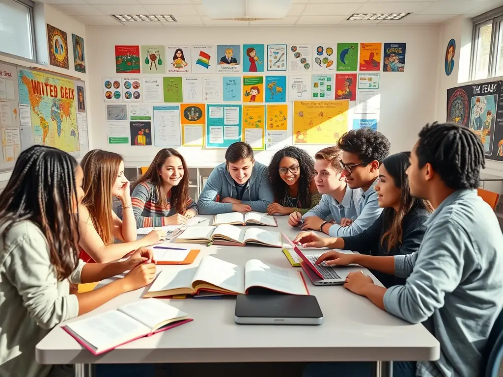 Teenagers participating in a group discussion during an English class at Play and Learn, demonstrating the dynamic and collaborative learning environment.