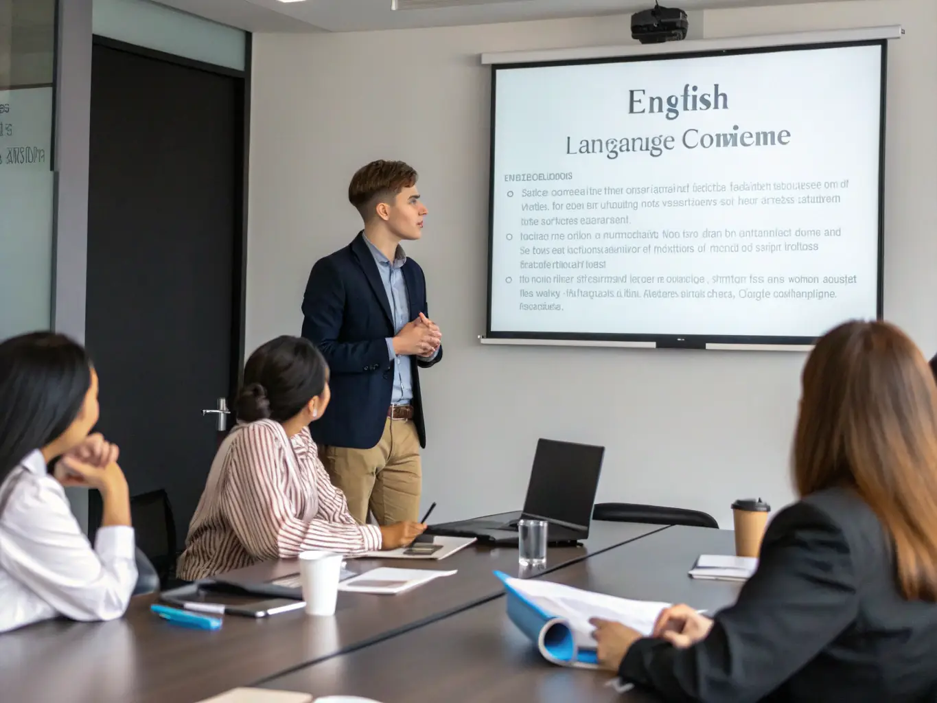 A student confidently presenting a real-life business case in English to a group of classmates, showcasing practical application of language skills.