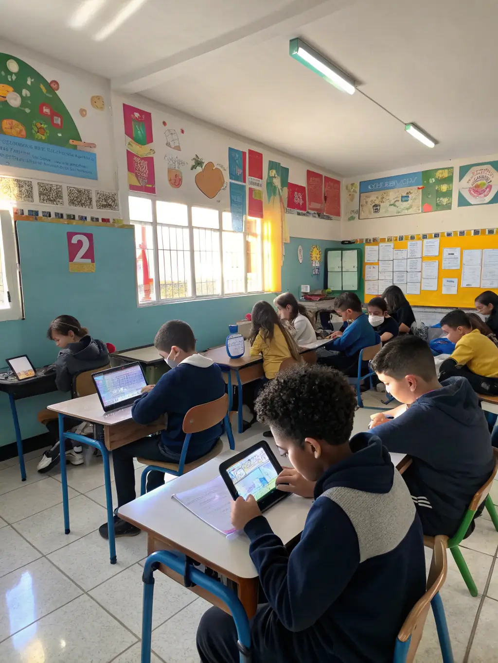 Teenagers enthusiastically participating in a group discussion during an English class at Play and Learn, either in person or online. They are using tablets and interactive whiteboards.