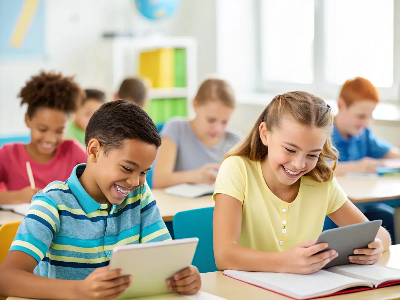 A group of diverse students enthusiastically participating in an English lesson that incorporates interactive games and technology, set in a modern classroom environment.