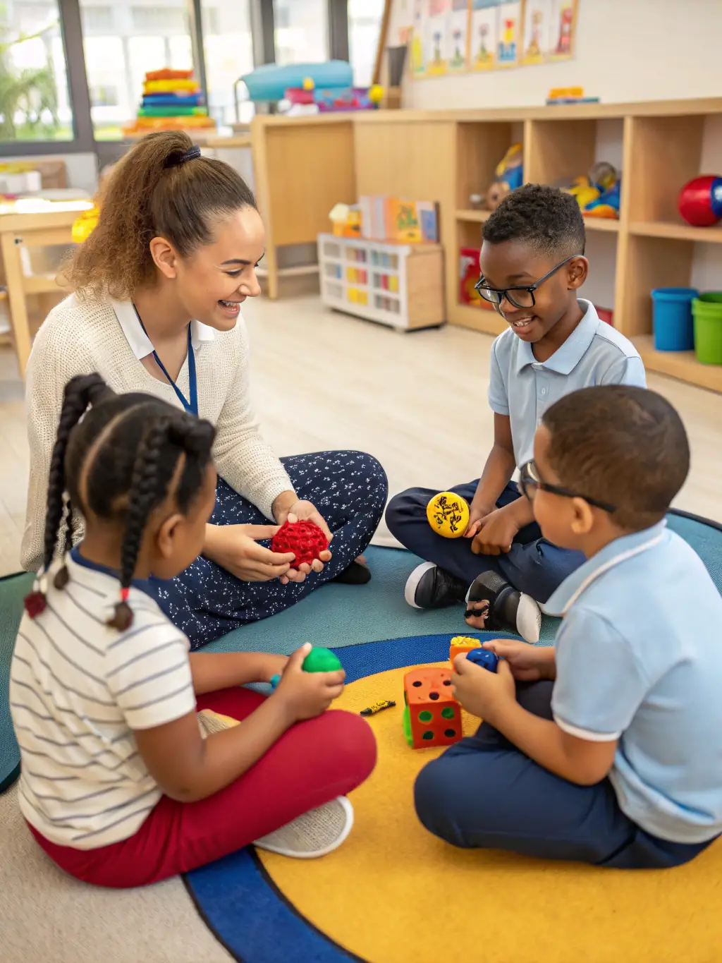 A group of young children laughing and participating in an interactive English lesson at Play and Learn, Guadalupe, Nuevo León. The classroom is brightly decorated and filled with educational toys and games.